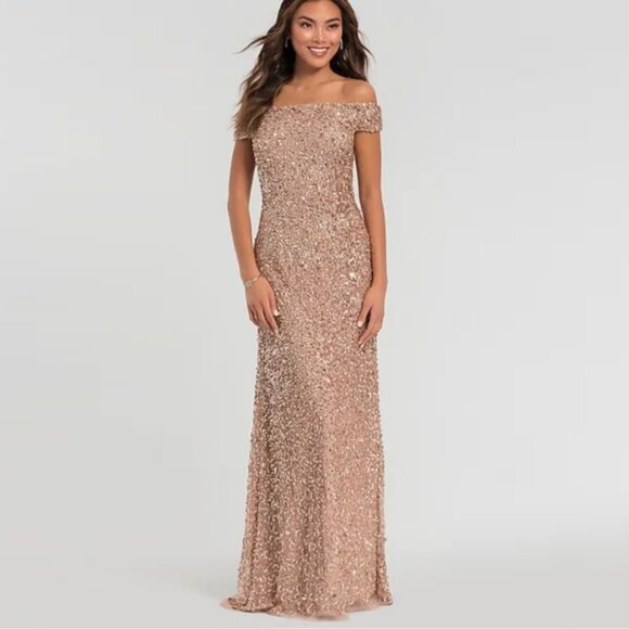 Adrianna Papell Sequin Off The Shoulder Gown - Picture 1 of 12